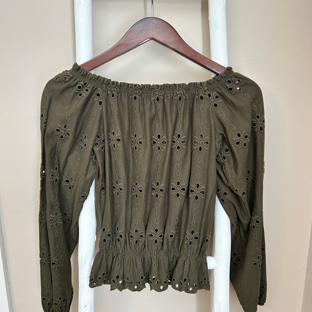 Olive Green Eyelet Off-Shoulder Top